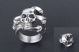 Detailed view of punk style silver skull ring with high quality metal relief and carving