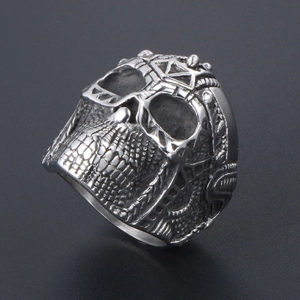 Men's punk stainless steel ring featuring a skull and spider web relief design
