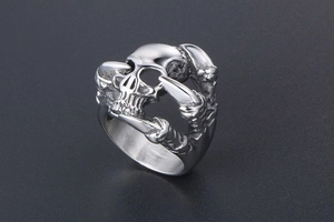 Detailed view of silver skull and eagle claw punk ring made of titanium steel