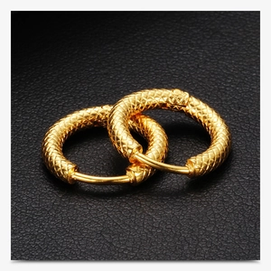 Macro detail of gold hoop earrings featuring 3mm frosted snake texture on stainless steel
