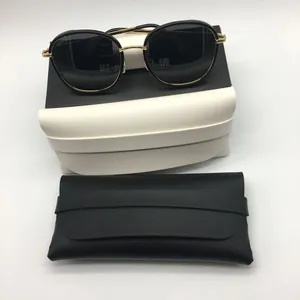 Premium black leather sunglass case set with textured finish and storage pouch