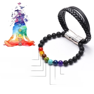 Lava rock and leather multi-layer chakra bracelet with magnetic clasp for yoga meditation