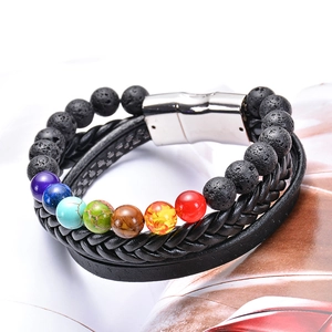 Lava stone and leather seven chakra bracelet with a silver magnetic clasp for yoga