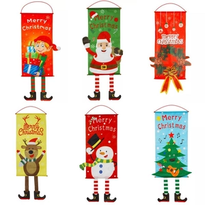 Bannière De Noël Suspendue En Tissu Dessin Animé Père Noël Bonhomme De Neige Avec Jambes Pendantes Décor De Fête Pour Porte Mur Fenêtre