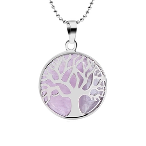 Silver Tree of Life necklace with round amethyst crystal pendant on a beaded chain