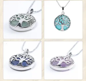Detailed grid view of Tree of Life pendants in silver with various natural gemstones