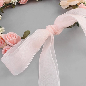 Elegant bridal floral headband with pink silk roses and soft chiffon ribbon ties