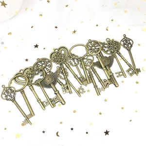 Detailed view of ten vintage bronze alloy skeleton keys for DIY jewelry making