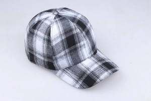 Close-up of black and white checkered pattern texture on cotton baseball cap