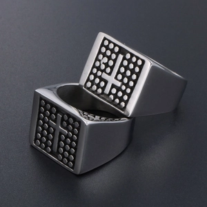 Retro gothic stainless steel square rings with cross patterns and dotted relief finish