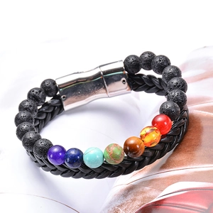 Chakra lava stone bracelet with black braided leather and silver magnetic clasp