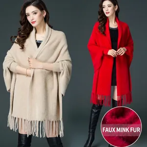 Women's imitation mink velvet shawl cardigan with sleeves and tassel hem in apricot and red
