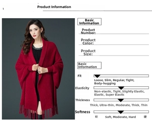 Detail view of red knitted cape with long fringes and winter thickness parameters