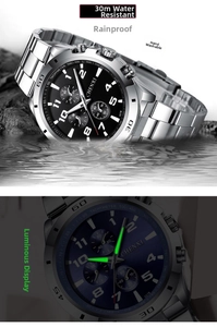 Détail de montre en acier montrant l'étanchéité 30M et l'effet de cadran luminescent