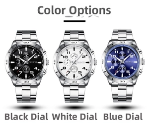Trois montres quartz pour hommes avec cadrans lumineux et lunettes tachymètre en acier