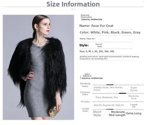 Detailed view of long-pile faux fur coats in black white pink green and grey colors