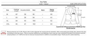 Detailed size chart for women's long faux fur coat including length and bust measurements