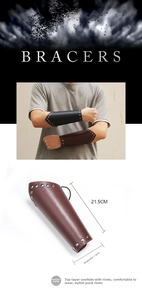 Detailed view of punk leather bracers showing 21.5cm length and silver metal rivet accents