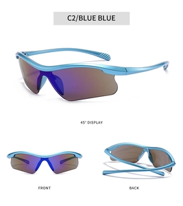 Detail view of blue sport sunglasses with purple gradient lenses from multiple angles