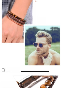 Détail des perles en œil de tigre et bracelet multicouche en cuir marron avec fermoir aimant