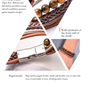 Détail de perles d'œil de tigre et bracelet en cuir tressé avec fermoir magnétique sûr