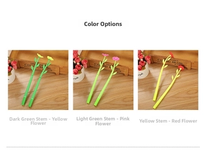 Detailed comparison of three creative flower-shaped gel pens on a wooden desktop