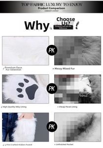 Detail of white faux fur winter set with silky lining, paw prints, and hidden pockets