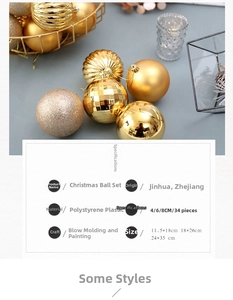 Detail specifications for 34pcs gold Christmas ball set in matte, glossy, and ribbed textures