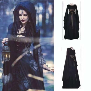 Medieval Renaissance Witch Costume Women Halloween Party Gothic Floor Length Long Dress Bell Sleeves Lace Up Waist