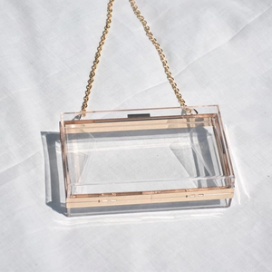 Detailed close-up of transparent acrylic clutch bag with gold metal frame and snap closure