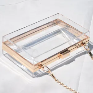 Close-up of clear acrylic box clutch with gold metal frame and chain strap details