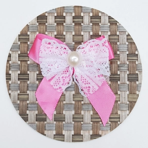 Pink ribbon bow with white flower lace and faux pearl center for doll accessories