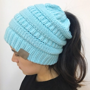 Women Ponytail Beanie Hat Acrylic Knitted Warm Winter Cap With High Bun Hole Solid Color Fashion Ribbed Skull Hat