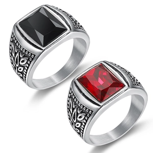 Men's vintage stainless steel rings with square red and black gemstones and engravings