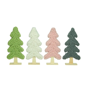 Set of four knitted wool Christmas trees with wooden bases in green white pink and blue