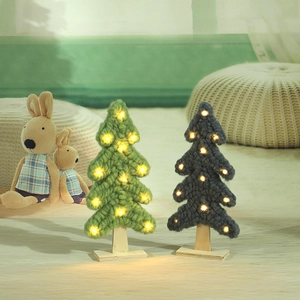 Knitted wool Christmas trees with LED lights and wooden base for holiday decor