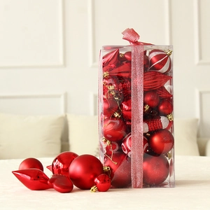 50-piece set of assorted red Christmas balls in matte, glossy, and glitter finishes
