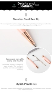 Detail view of metal ballpoint pen featuring stainless steel nib and replaceable refill.