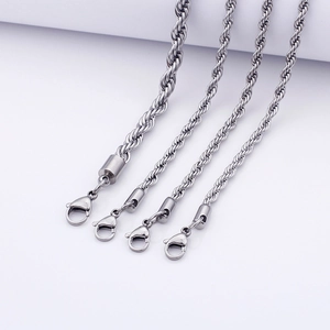 Polished stainless steel twist rope chains in various thicknesses with lobster clasps