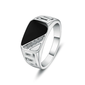 Men's silver ring with black enamel triangle inlay and four diamonds at 45-degree angle