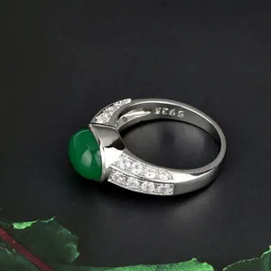 Vintage emerald-style green cabochon ring in S925 silver with micro-pave cubic zirconia
