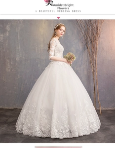 Detailed close-up of delicate lace long sleeves and V-neck bodice of white wedding dress
