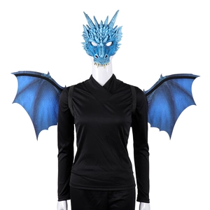 Detailed front view of blue 3D dragon mask and textured wings for Halloween cosplay costumes