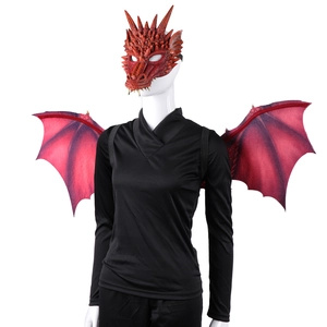 Detailed view of red dragon mask and wings with intricate scale textures for cosplay