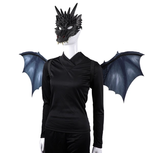 Detailed close-up of a black dragon mask and blue wings set for adult cosplay
