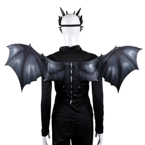 Detailed back view of black dragon wings and headpiece set with scaly textures