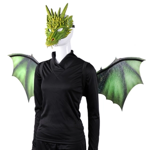 Detailed view of green dragon costume set featuring textured wings and bionic scale mask