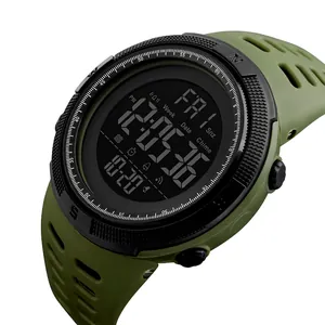 Waterproof digital sports watch with army green silicone strap and large LCD display