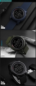 Close-up of digital sports watches in blue, green, and black with durable resin straps