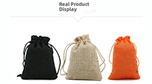 Detailed texture of cotton linen drawstring pouches in black, natural and orange colors